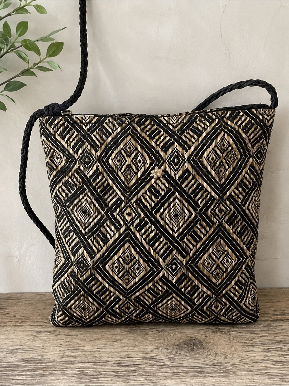 Woven Geometric Crossbody Bag in Black and Gold